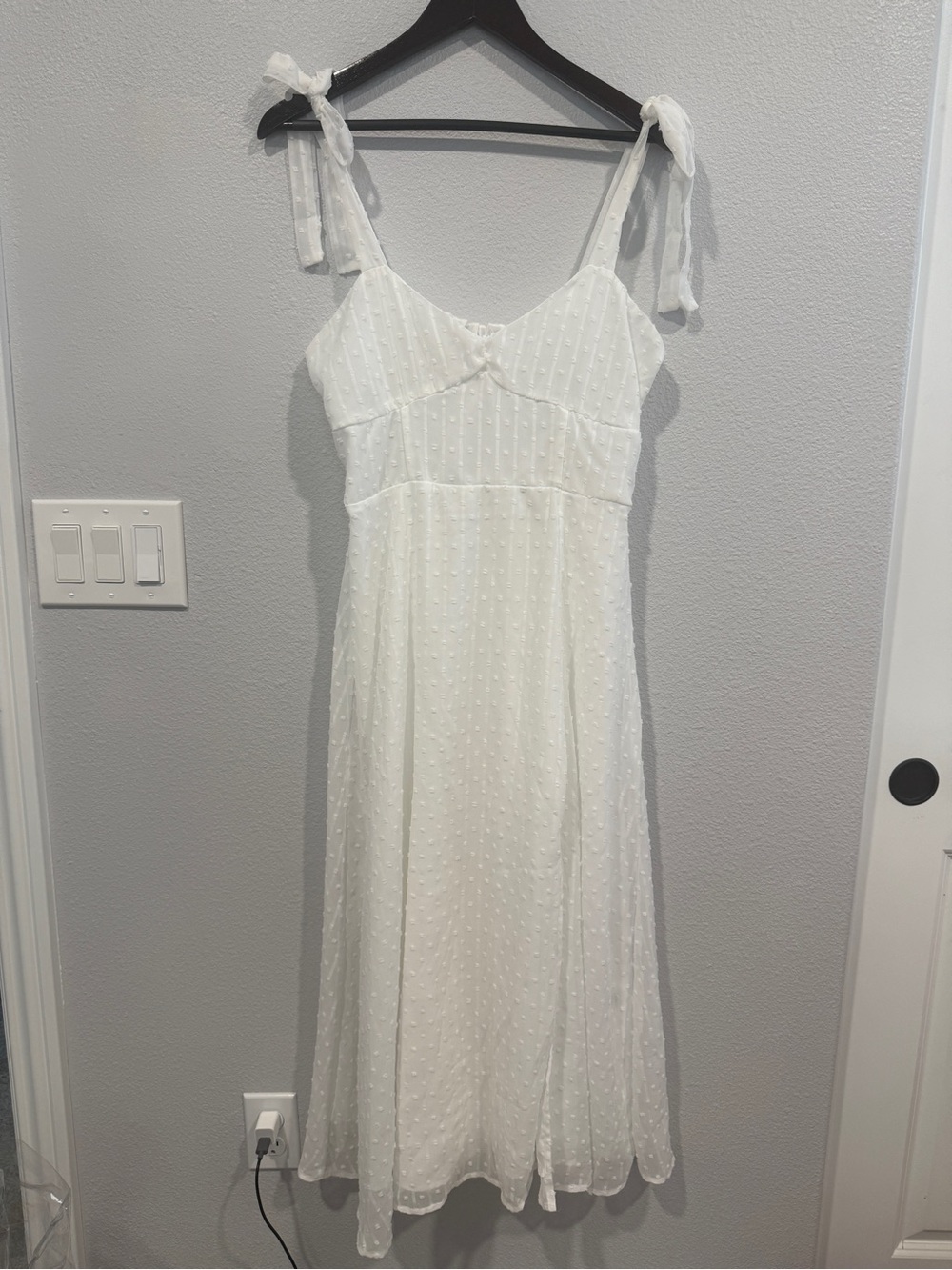 SHEIN White Tie-Shoulder Swiss Dot Midi Dress large bridal shower bride wedding